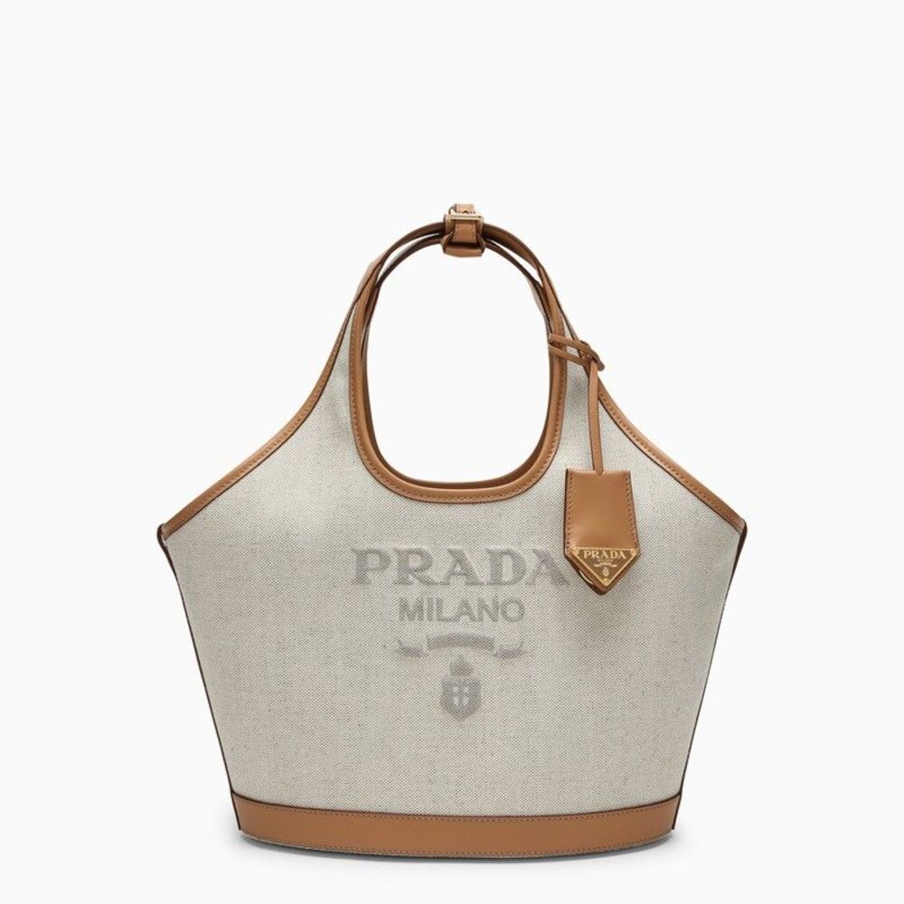 Large Prada Tote In Linen And Leather Blend With Logo